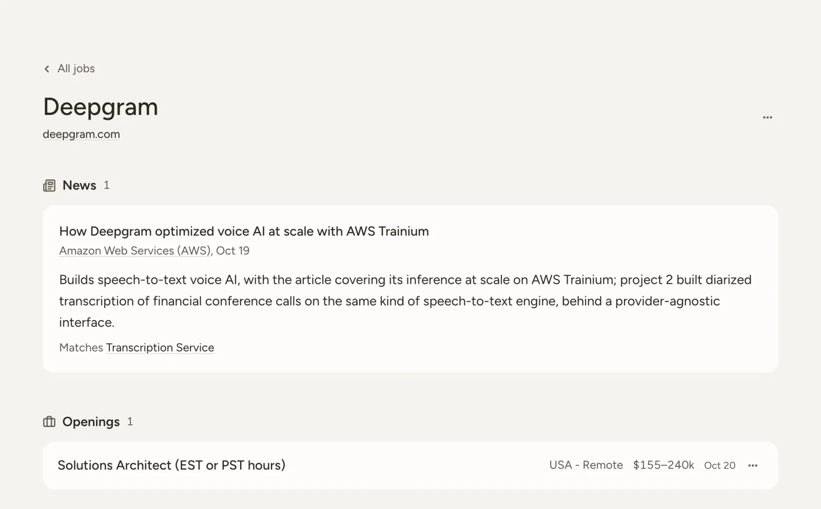 Deepgram's page in /job: a news story about its voice AI matched to a transcription project, and a Solutions Architect opening.