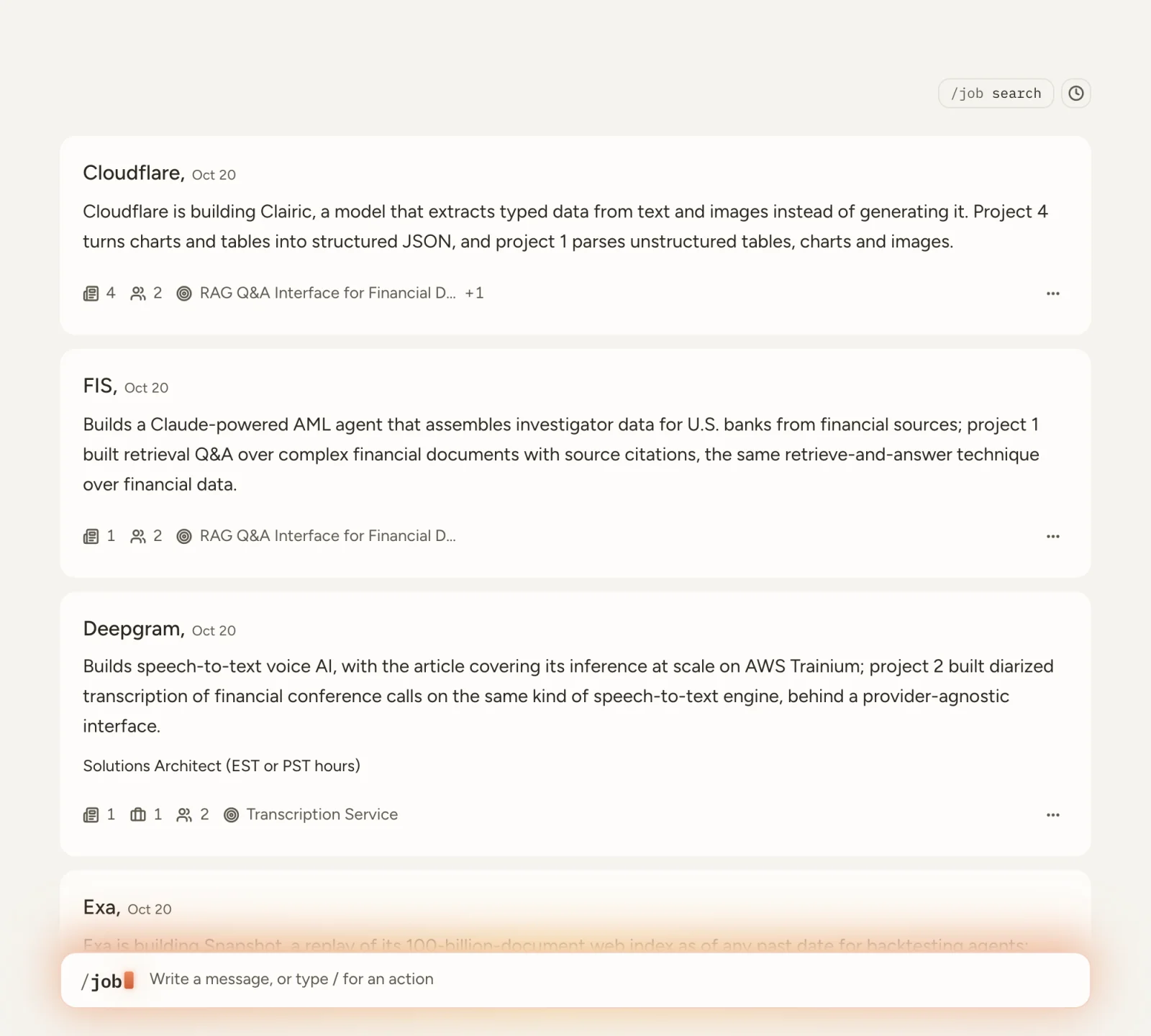 The /job dashboard: a feed of companies found in the news, each with why it matches one of your projects.
