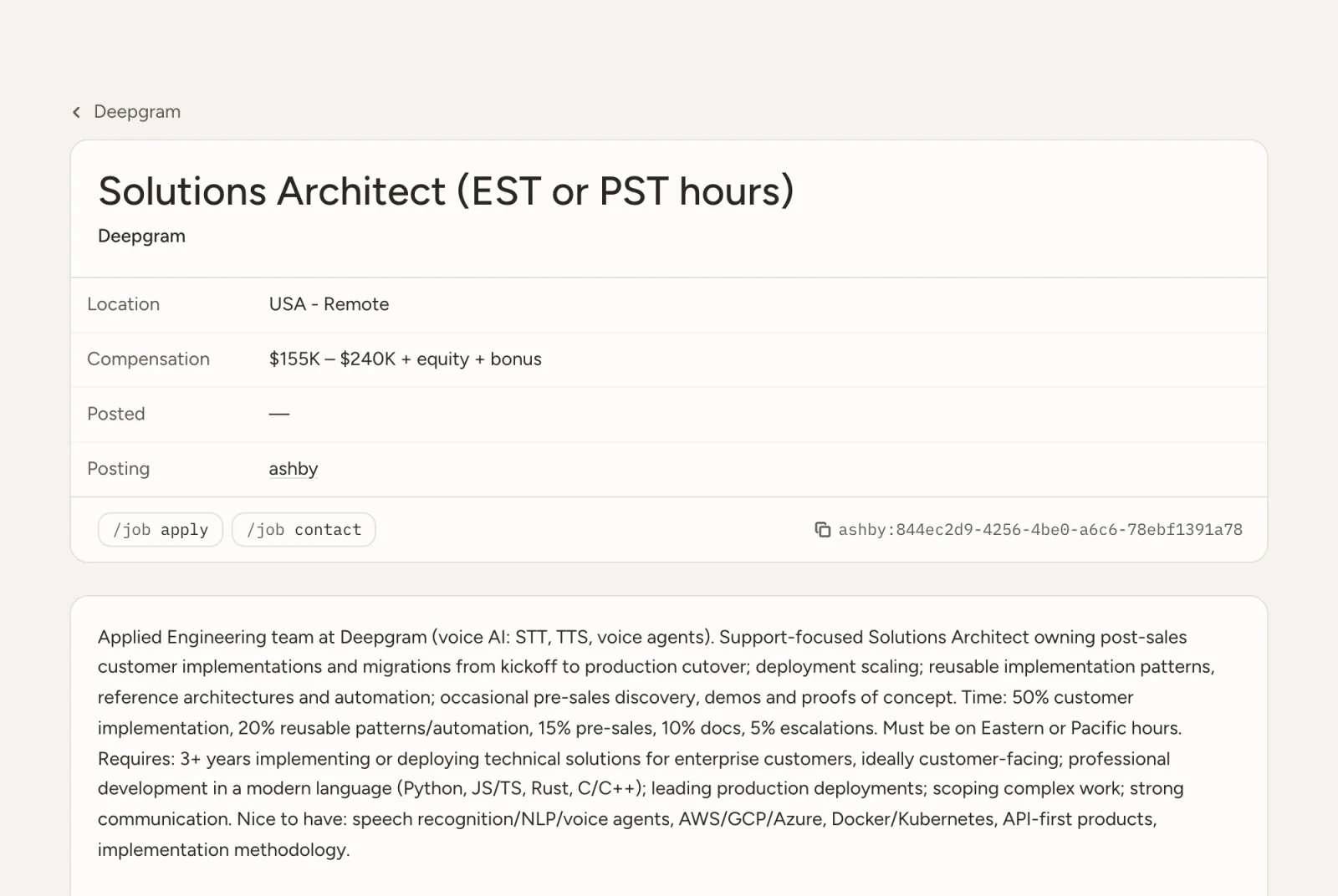 A Solutions Architect opening at Deepgram in /job, with its location, pay and posting, and buttons to apply or contact someone.