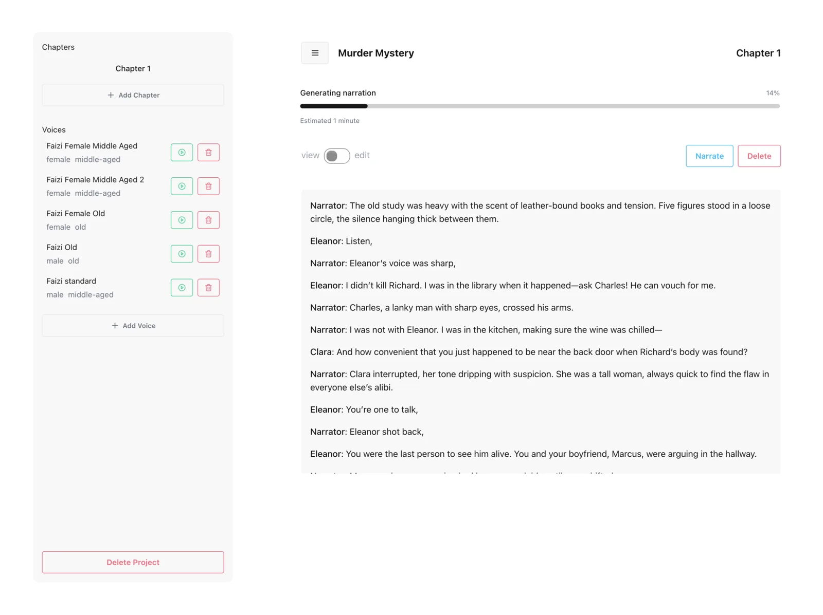 The audiobook generator generating narration for a chapter, with each line of dialogue assigned to a character's voice.