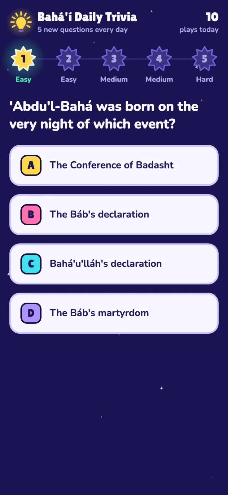 Bahá'í Daily Trivia on iPhone, showing the day's first question with four answers to choose from.