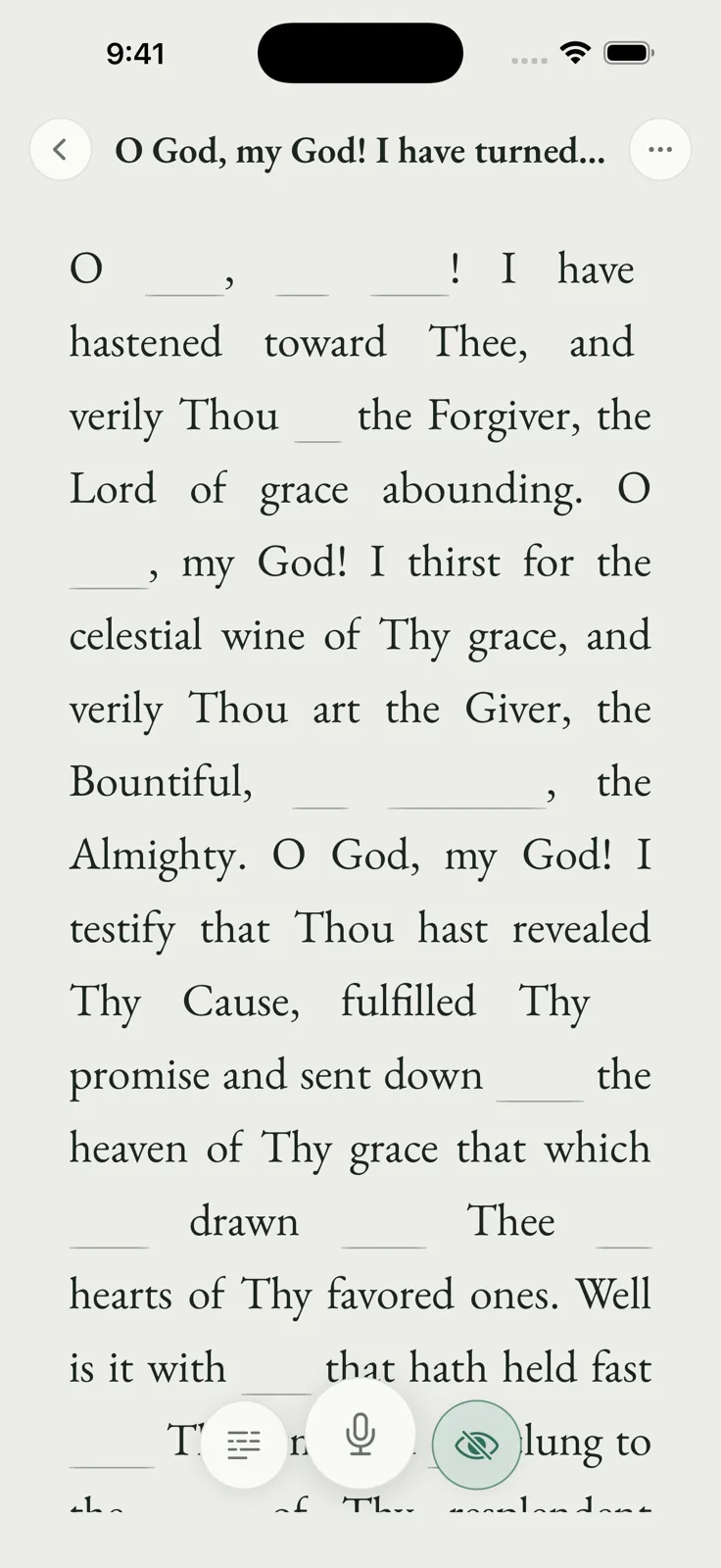 Verses on iPhone, showing a prayer with some words hidden as blanks.