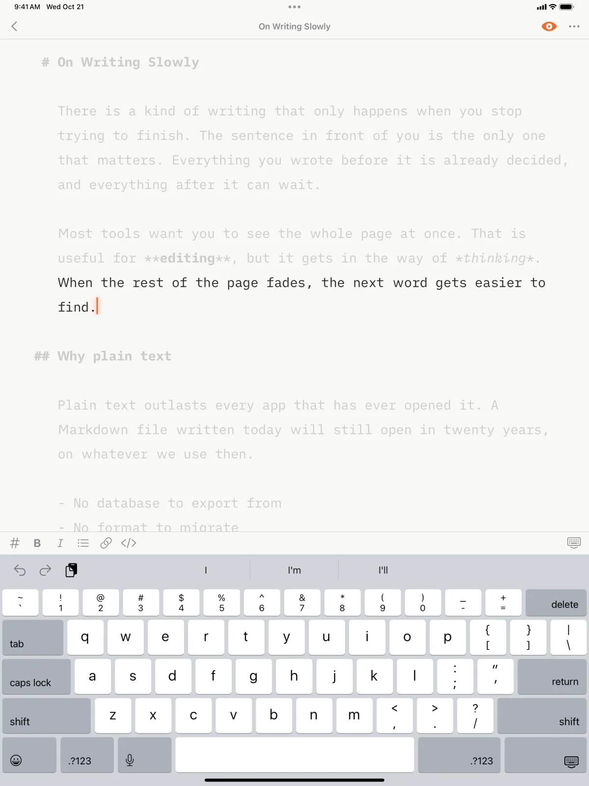Quill on iPad in focus mode, with the Markdown toolbar above the keyboard.