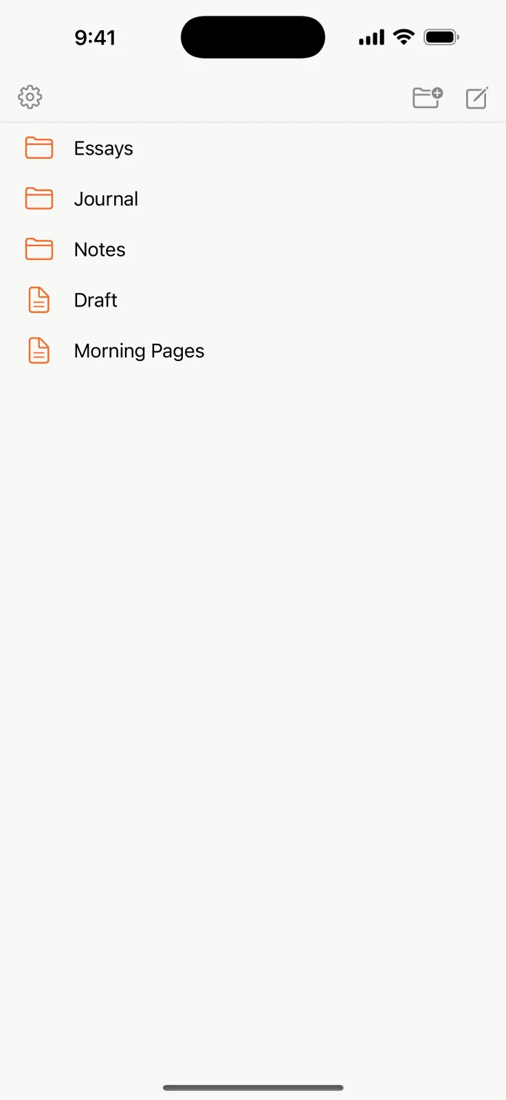 Quill's library on iPhone: folders for essays, a journal and notes, and two drafts.