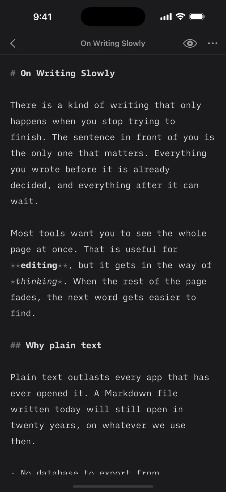 Quill on iPhone in dark mode, showing an essay with Markdown headings, bold and italics.