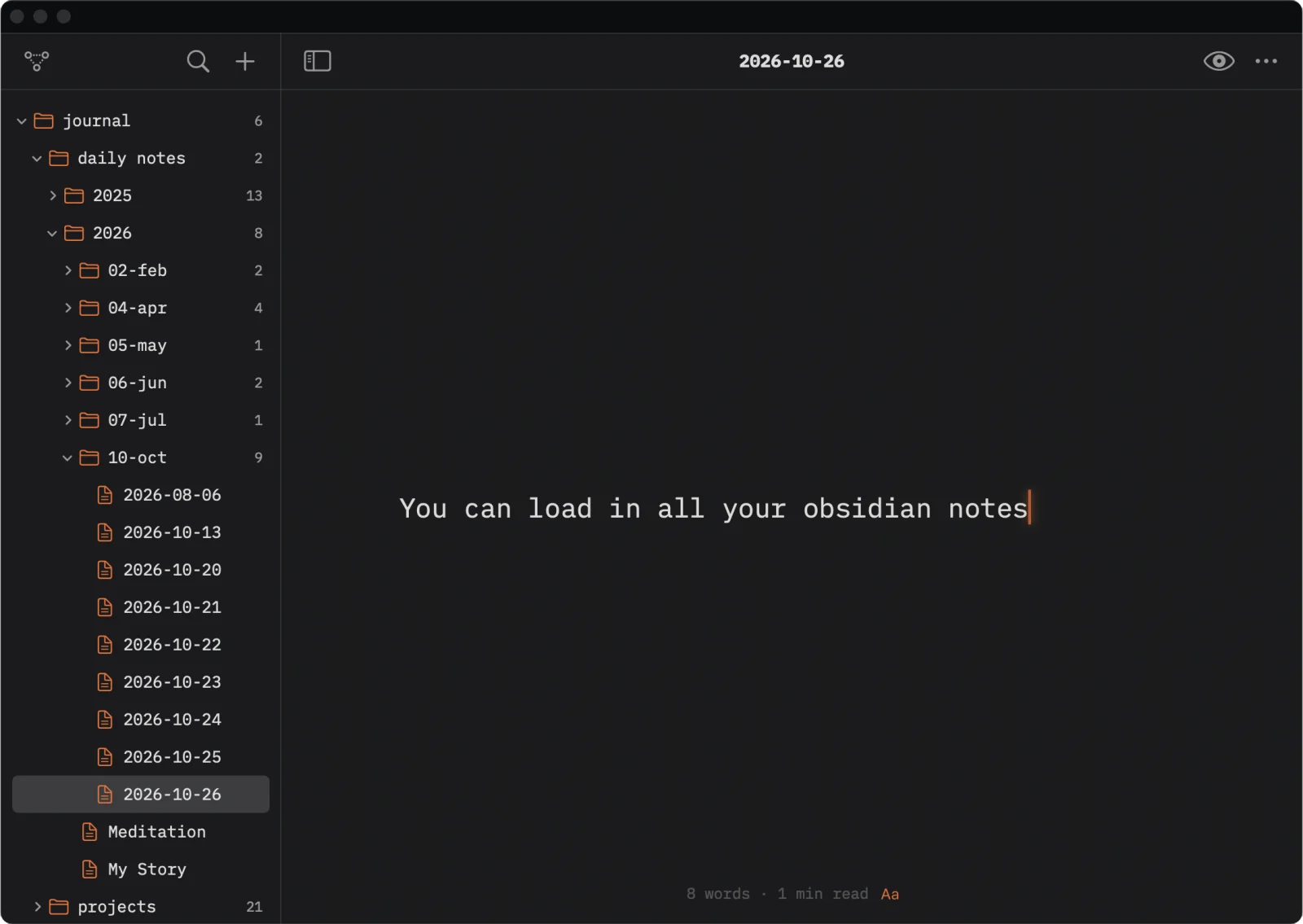 Quill on the Mac with an Obsidian journal open: nested folders in the sidebar, each with a count of what it holds.