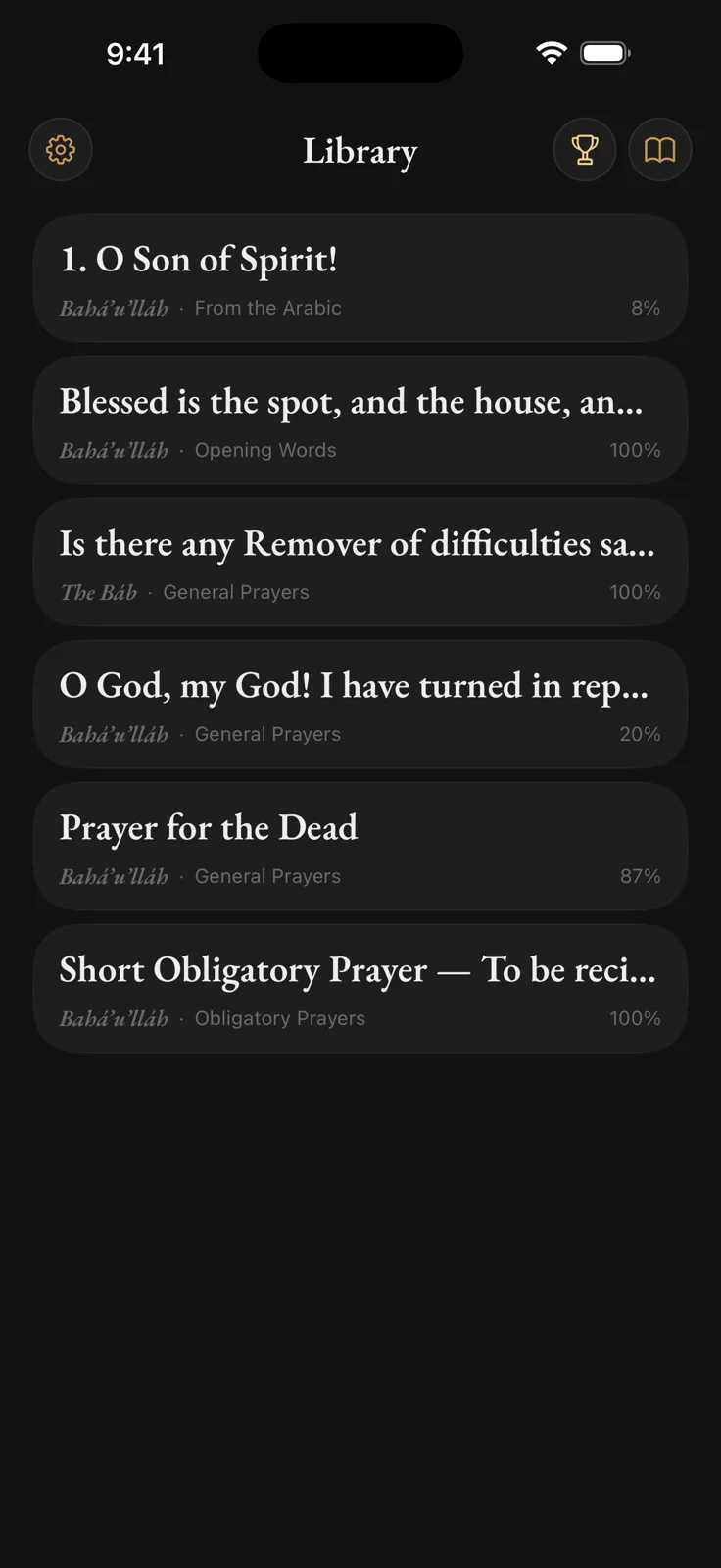 The Verses library on iPhone in dark mode: six prayers, each with how much of it is hidden.