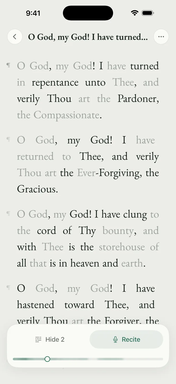 A prayer in Verses on iPhone, with the words already hidden shown lighter, above the Hide and Recite buttons.