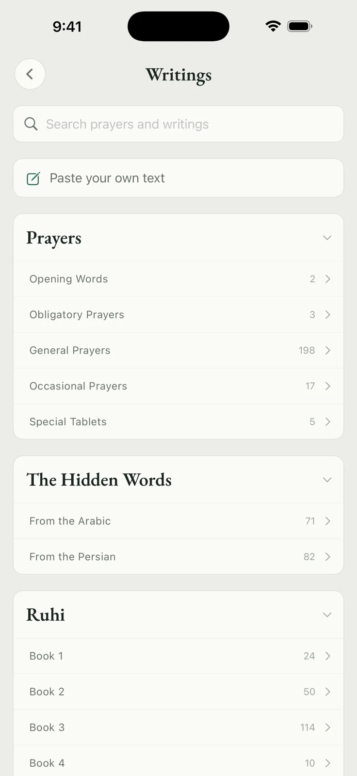 The writings in Verses on iPhone: search, paste your own text, and the prayers, Hidden Words and Ruhi books, each with a count.